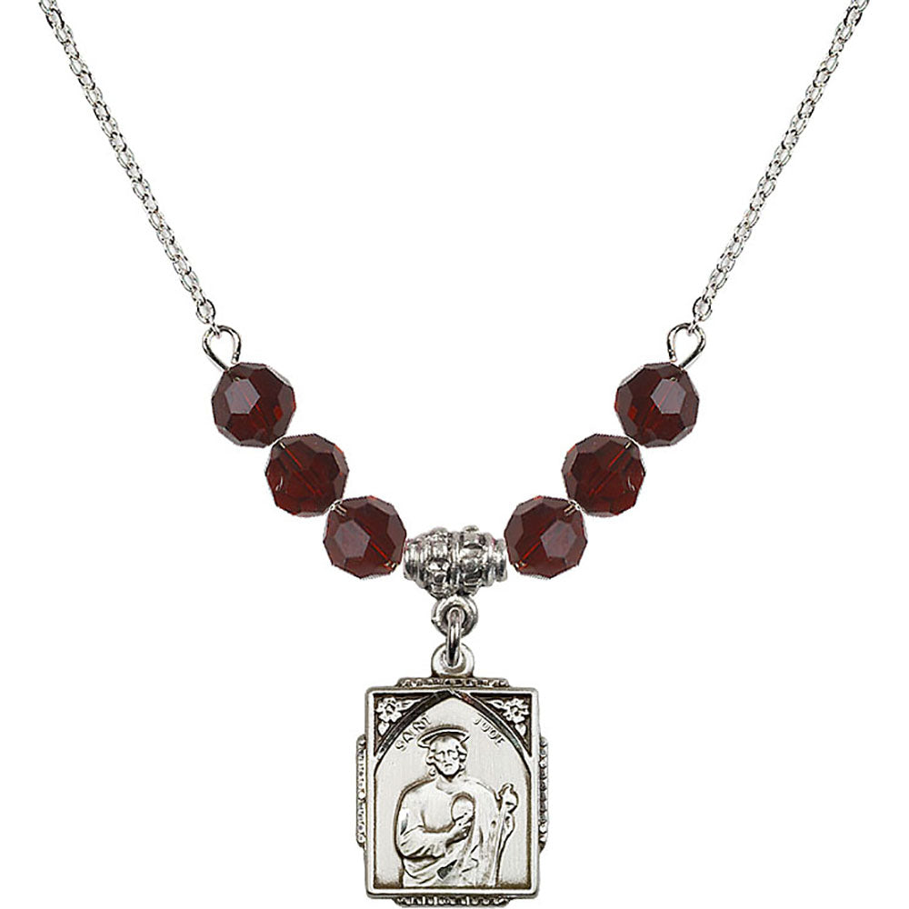 Sterling Silver Saint Jude Birthstone Necklace with Garnet Beads - 0804