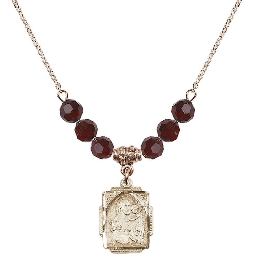 14kt Gold Filled Saint Joseph Birthstone Necklace with Garnet Beads - 0804