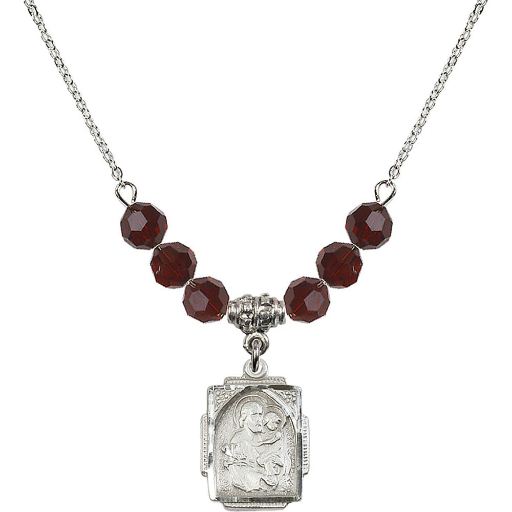 Sterling Silver Saint Joseph Birthstone Necklace with Garnet Beads - 0804