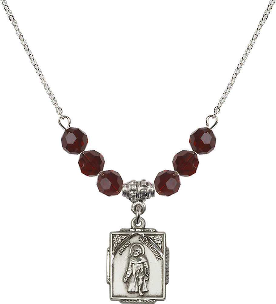Sterling Silver Saint Peregrine Birthstone Necklace with Garnet Beads - 0804