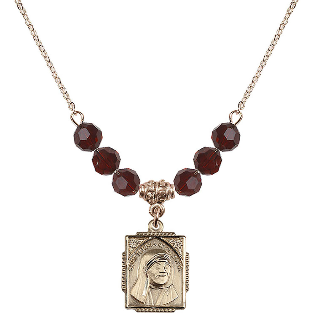 14kt Gold Filled Saint Teresa of Calcutta Birthstone Necklace with Garnet Beads - 0804