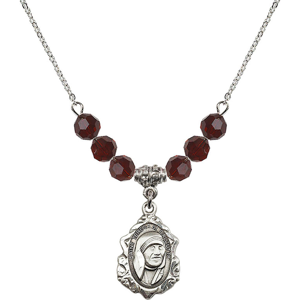 Sterling Silver Saint Teresa of Calcutta Birthstone Necklace with Garnet Beads - 0812