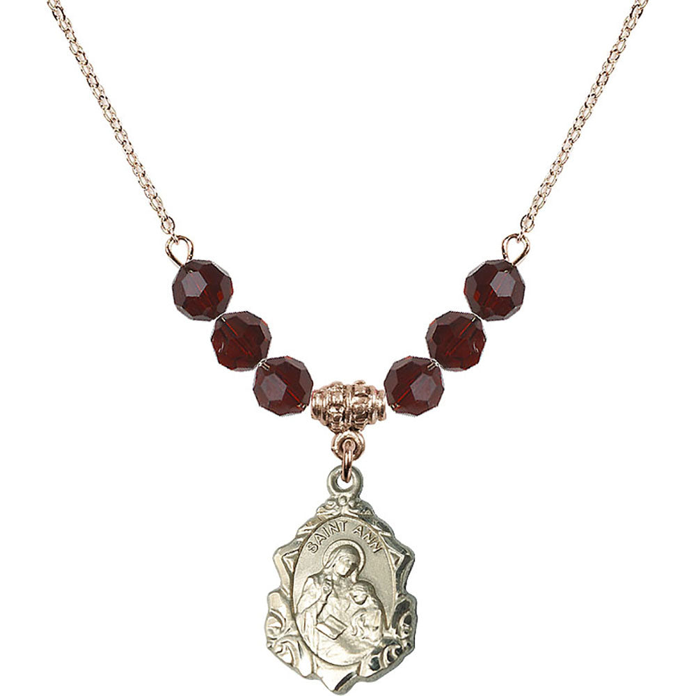 14kt Gold Filled Saint Ann Birthstone Necklace with Garnet Beads - 0822