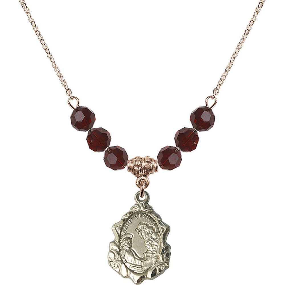 14kt Gold Filled Saint Cecilia Birthstone Necklace with Garnet Beads - 0822