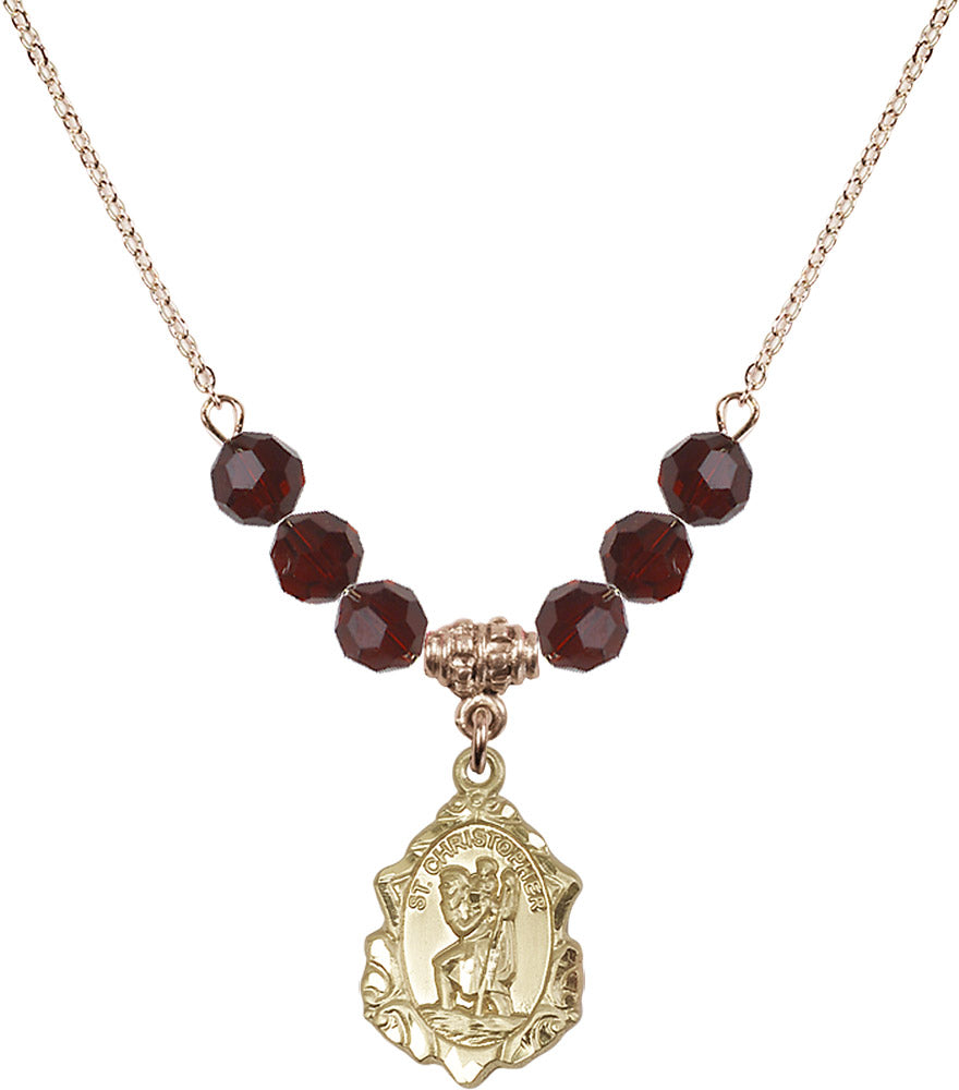 14kt Gold Filled Saint Christopher Birthstone Necklace with Garnet Beads - 0822