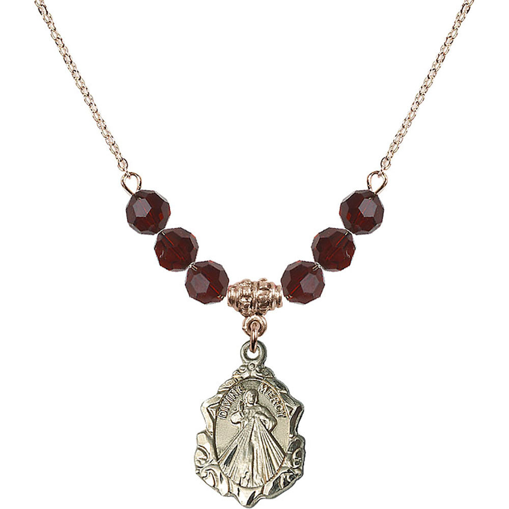 14kt Gold Filled Divine Mercy Birthstone Necklace with Garnet Beads - 0822