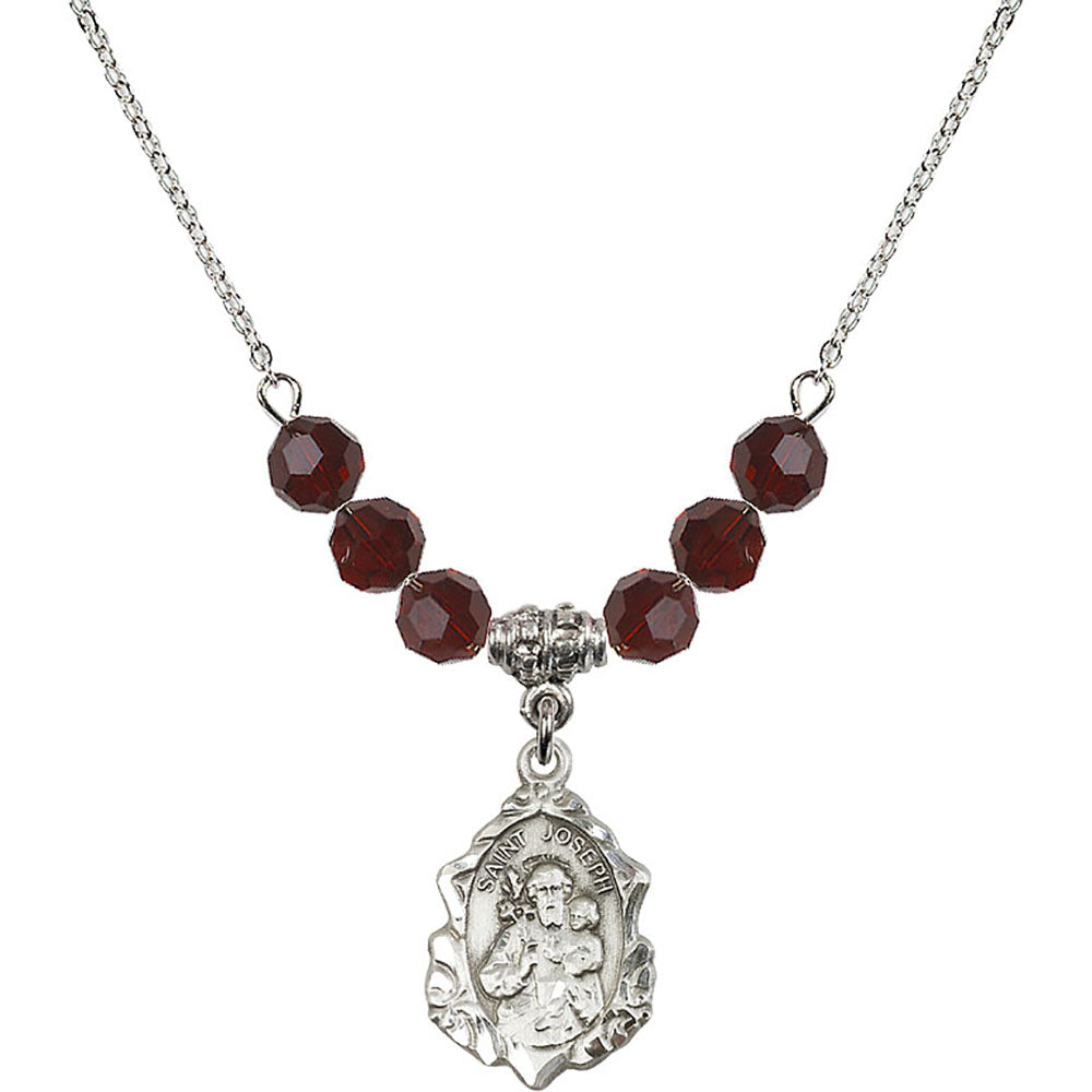 Sterling Silver Saint Joseph Birthstone Necklace with Garnet Beads - 0822