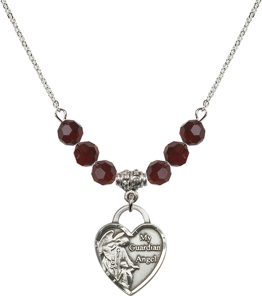 Sterling Silver Guardian Angel Heart Birthstone Necklace with Garnet Beads - 3202