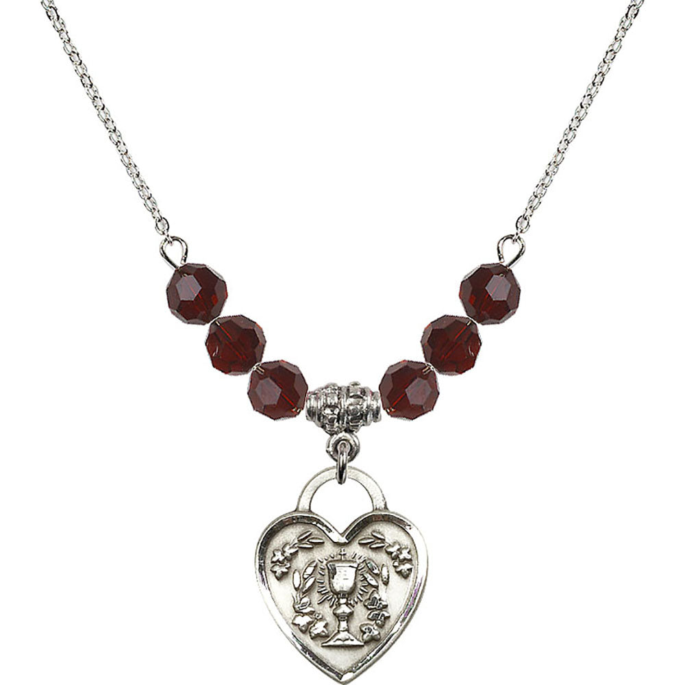 Sterling Silver Communion Heart Birthstone Necklace with Garnet Beads - 3204