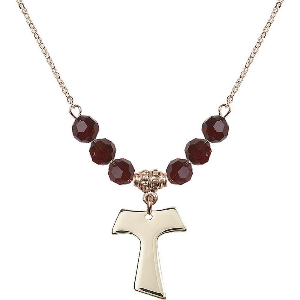 14kt Gold Filled Tau Cross Birthstone Necklace with Garnet Beads - 3948