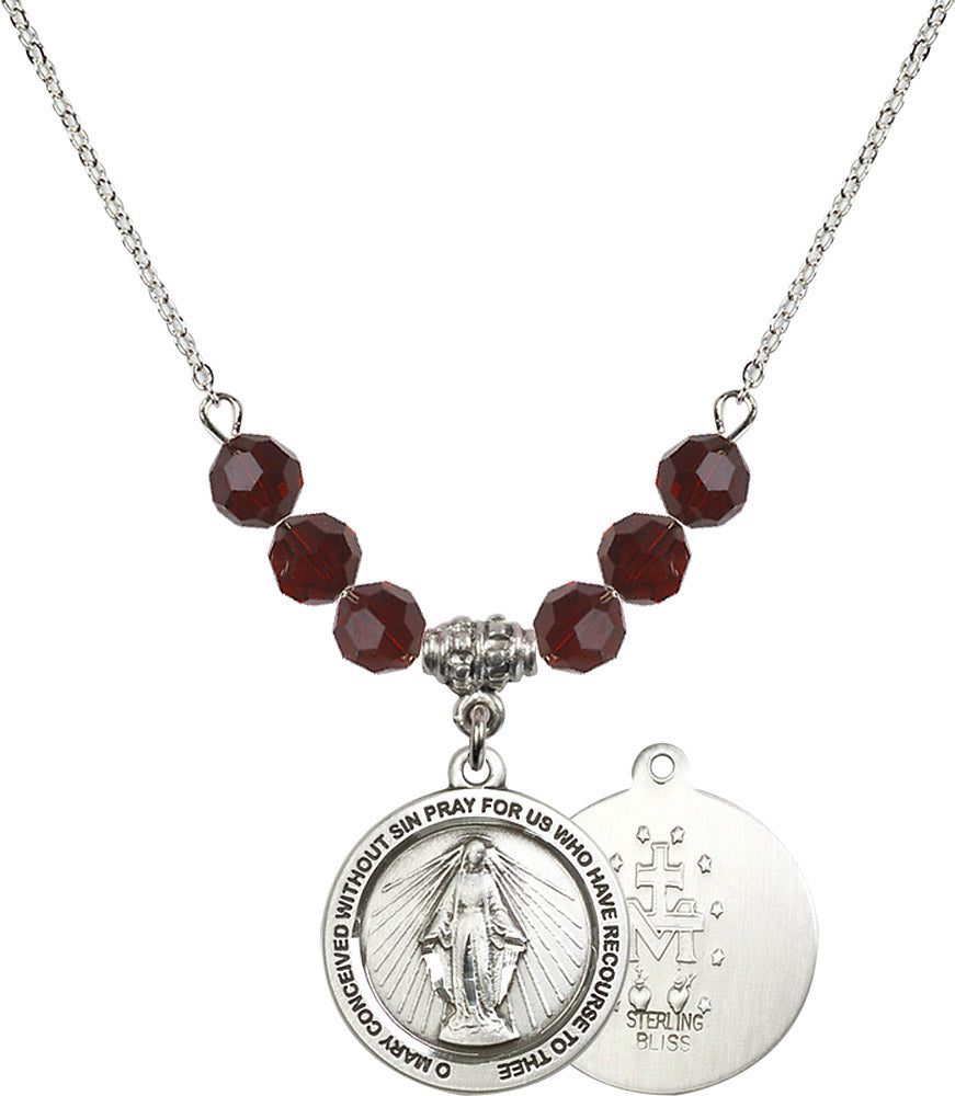 Sterling Silver Miraculous Birthstone Necklace with Garnet Beads - 4056