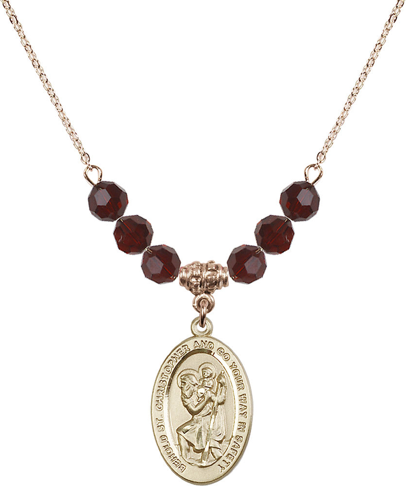 14kt Gold Filled Saint Christopher Birthstone Necklace with Garnet Beads - 4123