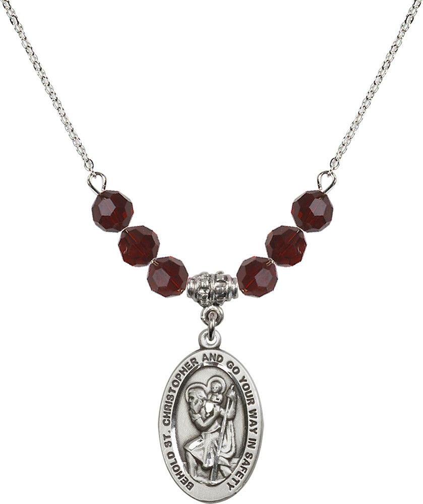 Sterling Silver Saint Christopher Birthstone Necklace with Garnet Beads - 4123