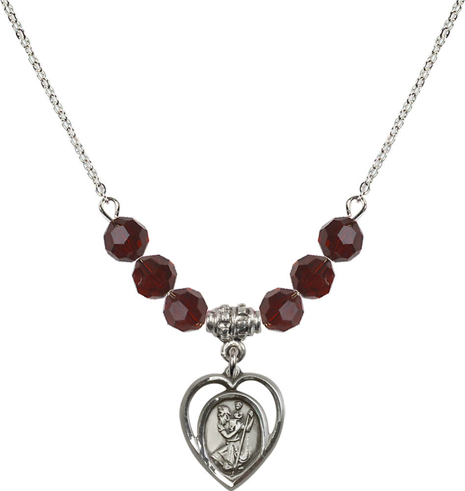 Sterling Silver Saint Christopher Birthstone Necklace with Garnet Beads - 4127