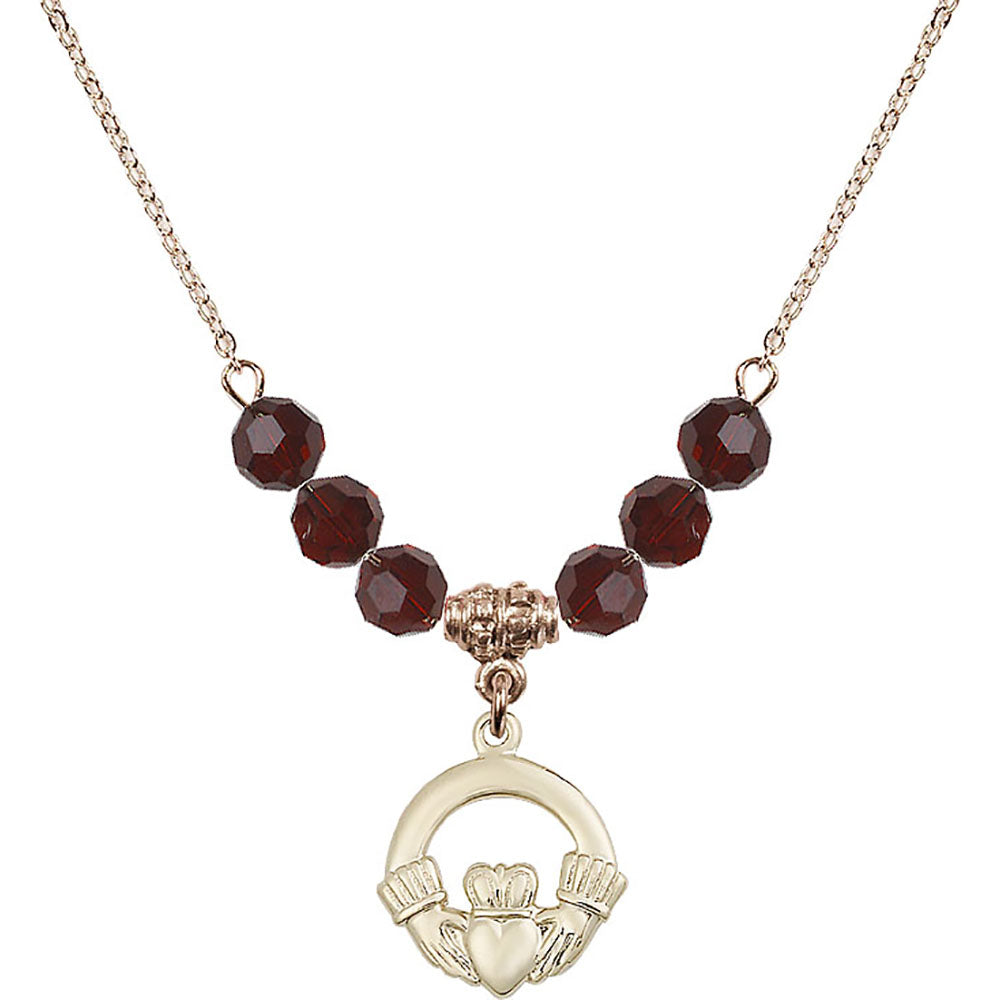 14kt Gold Filled Claddagh Birthstone Necklace with Garnet Beads - 4138