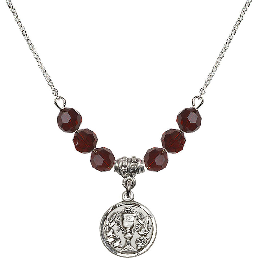 Sterling Silver Communion Chalice Birthstone Necklace with Garnet Beads - 4203