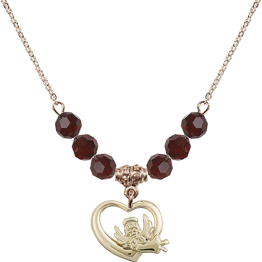 14kt Gold Filled Heart / Guardian Angel Birthstone Necklace with Garnet Beads - 4206