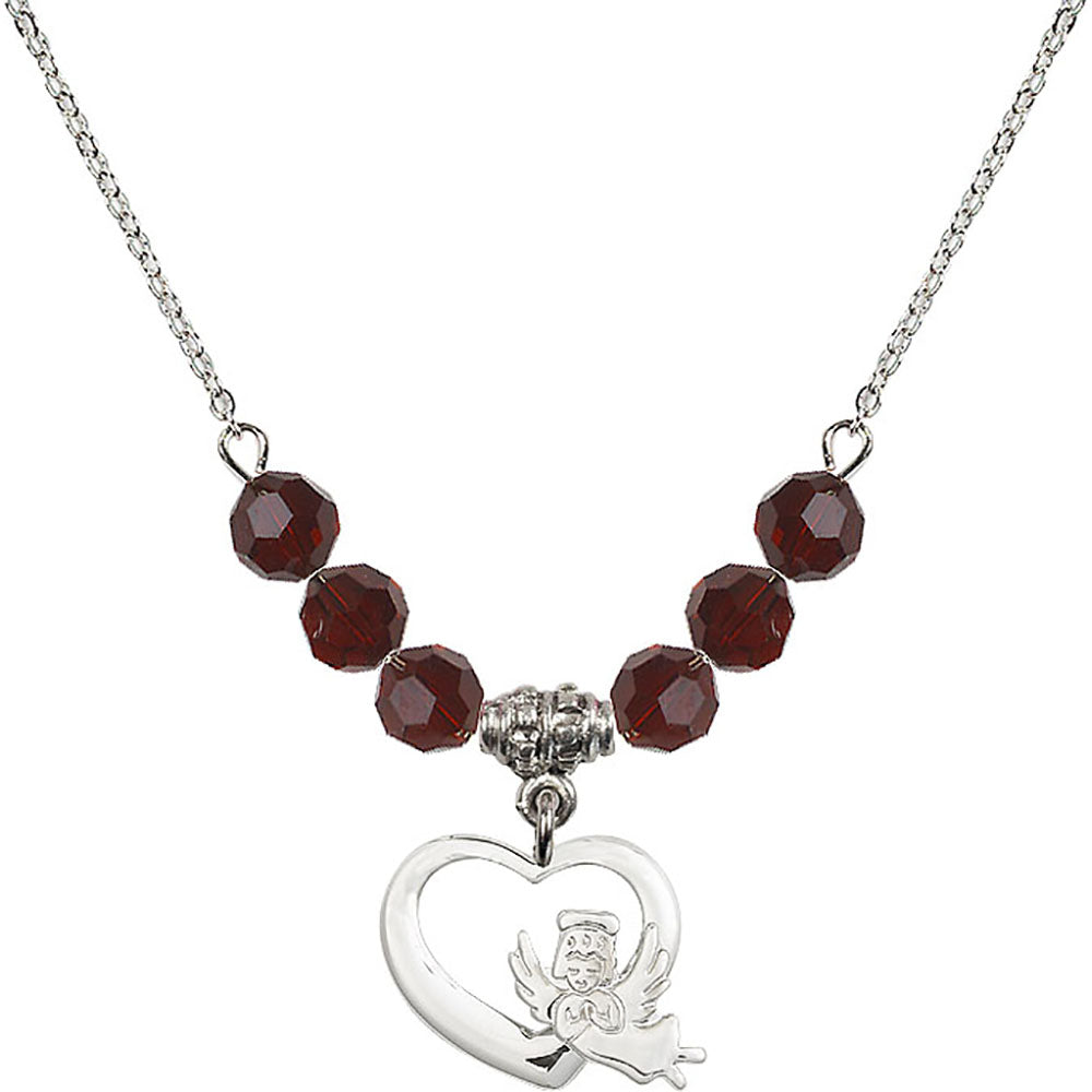 Sterling Silver Heart / Guardian Angel Birthstone Necklace with Garnet Beads - 4206