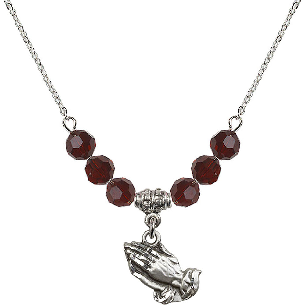 Sterling Silver Praying Hands Birthstone Necklace with Garnet Beads - 4219