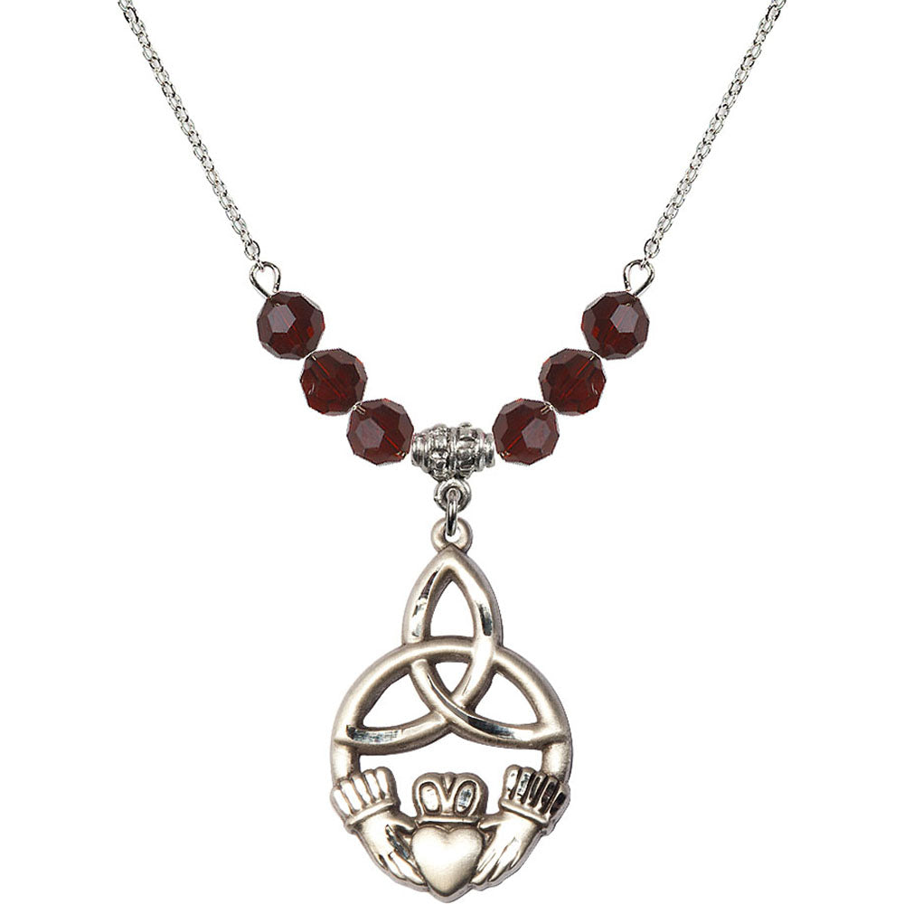 Sterling Silver Irish Knot / Claddagh Birthstone Necklace with Garnet Beads - 5102