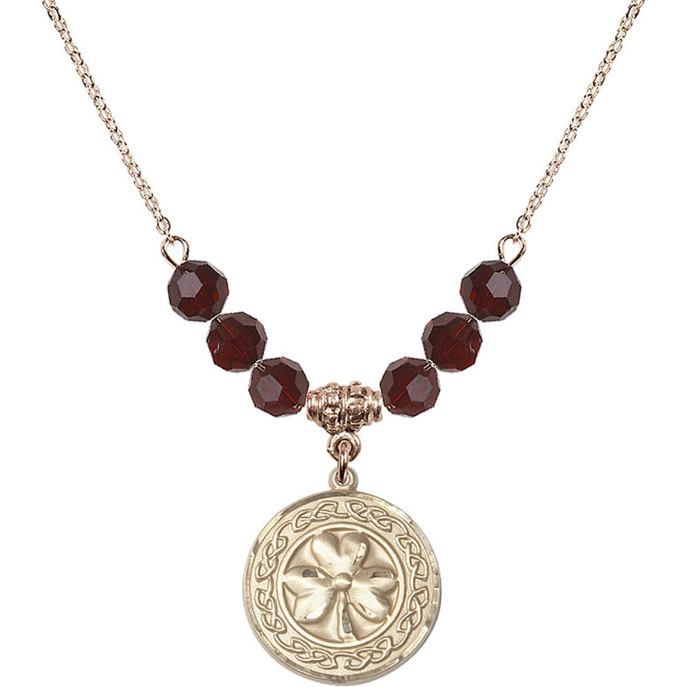 14kt Gold Filled Shamrock w/ Celtic Border Birthstone Necklace with Garnet Beads - 5106