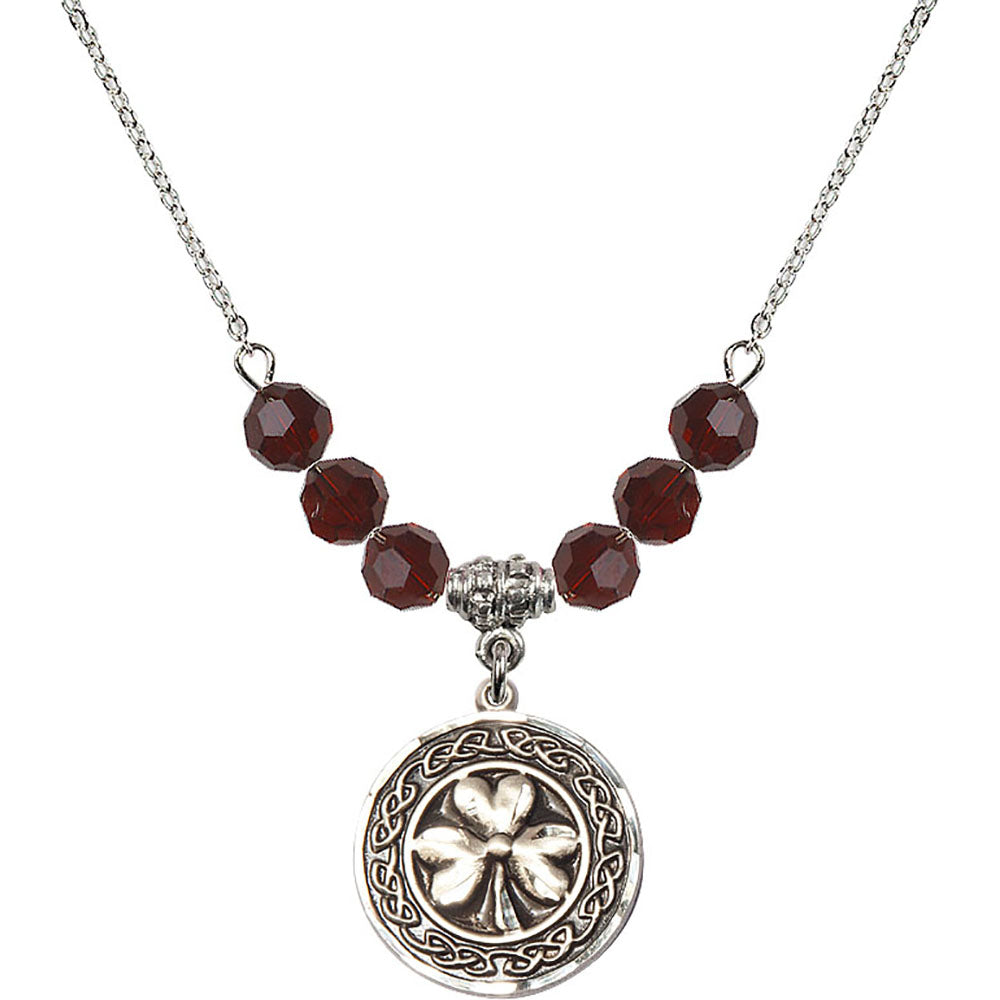 Sterling Silver Shamrock w/ Celtic Border Birthstone Necklace with Garnet Beads - 5106