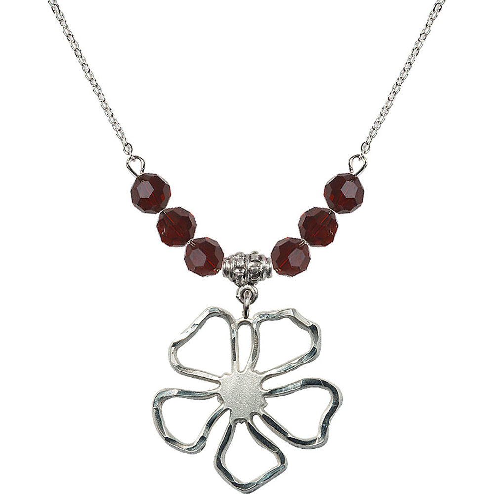 Sterling Silver Five Pedal Flower Birthstone Necklace with Garnet Beads - 5109