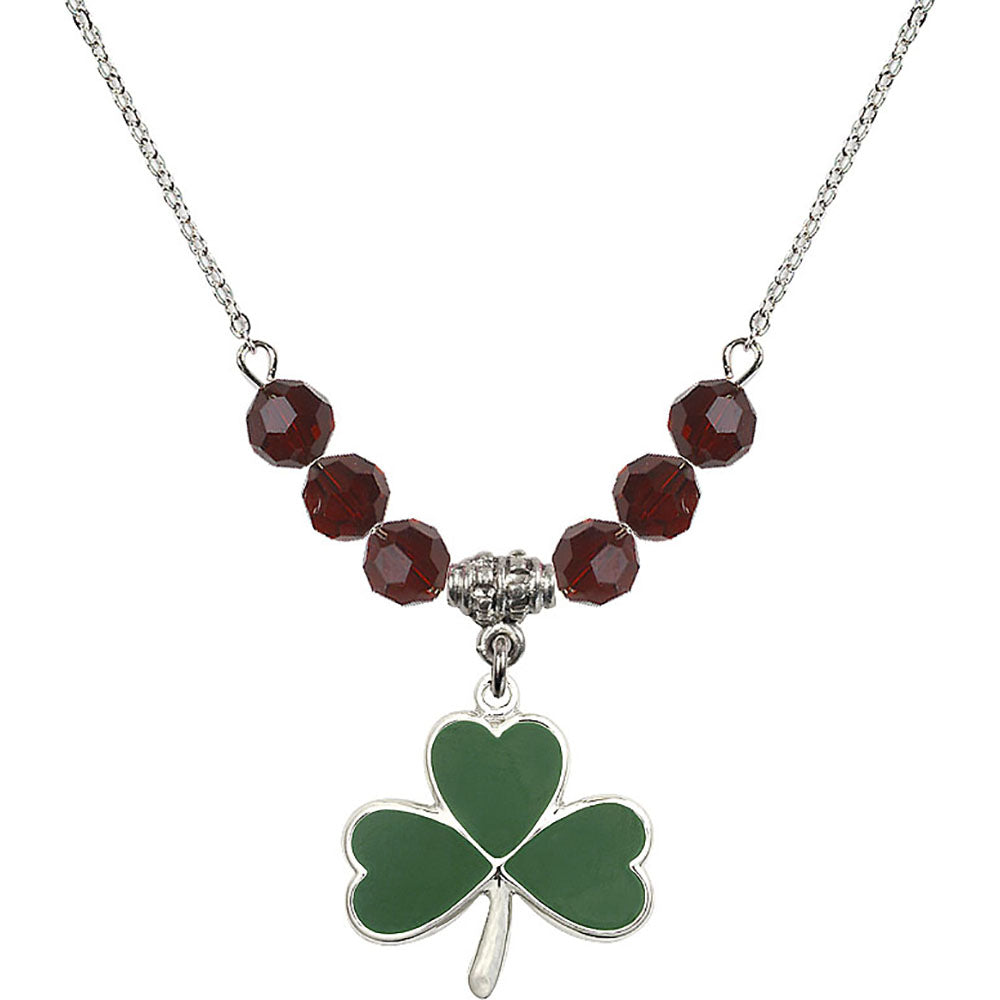 Sterling Silver Shamrock Birthstone Necklace with Garnet Beads - 5248