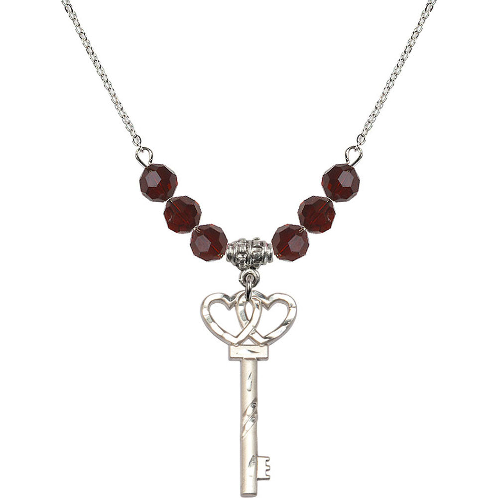 Sterling Silver Small Key w/Double Hearts Birthstone Necklace with Garnet Beads - 6213
