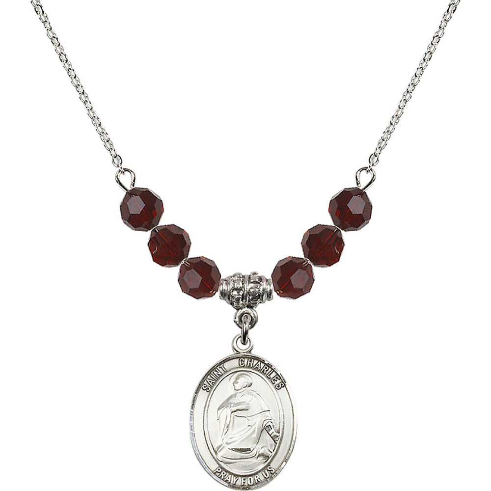 Sterling Silver Saint Charles Borromeo Birthstone Necklace with Garnet Beads - 8020