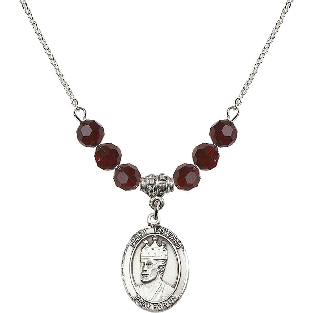 Sterling Silver Saint Edward the Confessor Birthstone Necklace with Garnet Beads - 8026