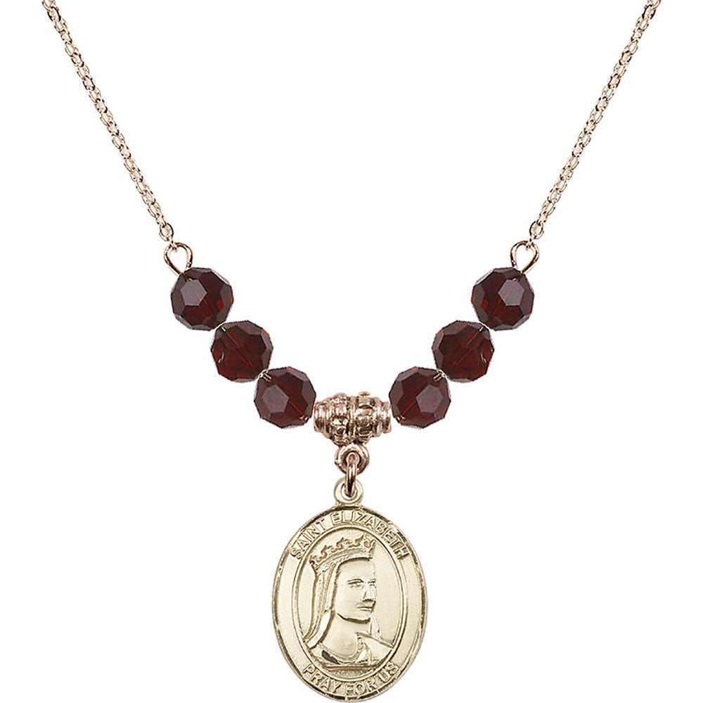 14kt Gold Filled Saint Elizabeth of Hungary Birthstone Necklace with Garnet Beads - 8033
