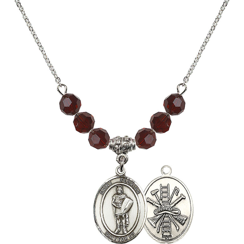 Sterling Silver Saint Florian/Firefighter Birthstone Necklace with Garnet Beads - 8034