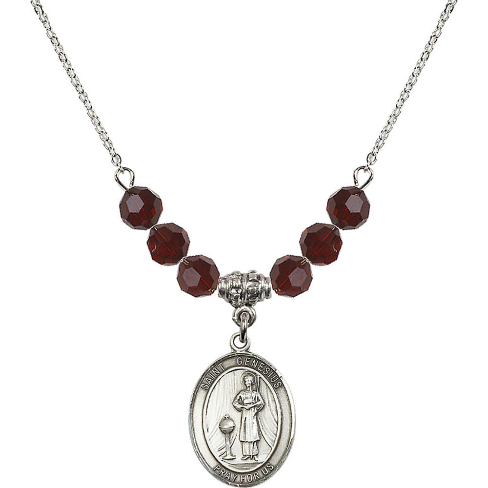 Sterling Silver Saint Genesius of Rome Birthstone Necklace with Garnet Beads - 8038