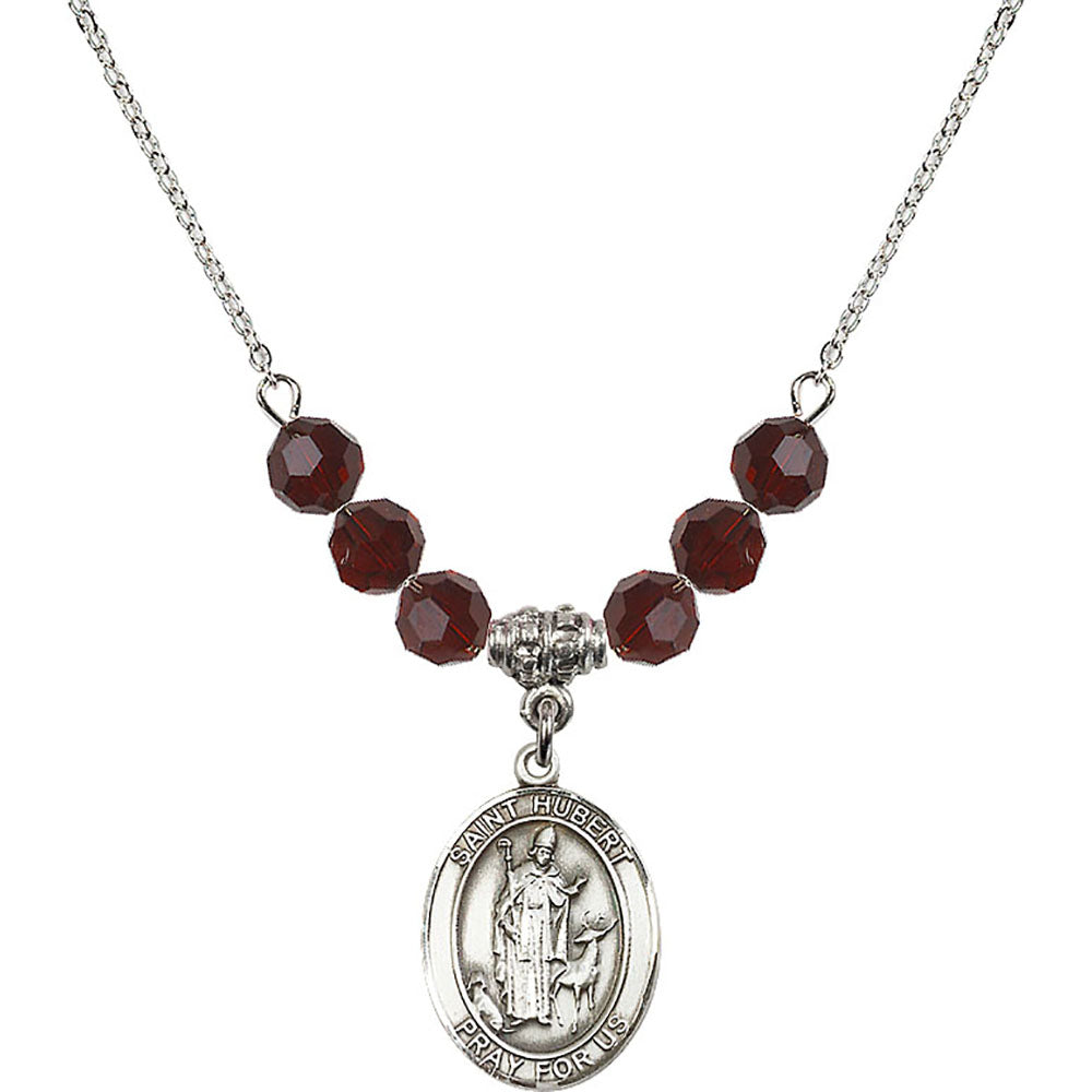 Sterling Silver Saint Hubert of Liege Birthstone Necklace with Garnet Beads - 8045