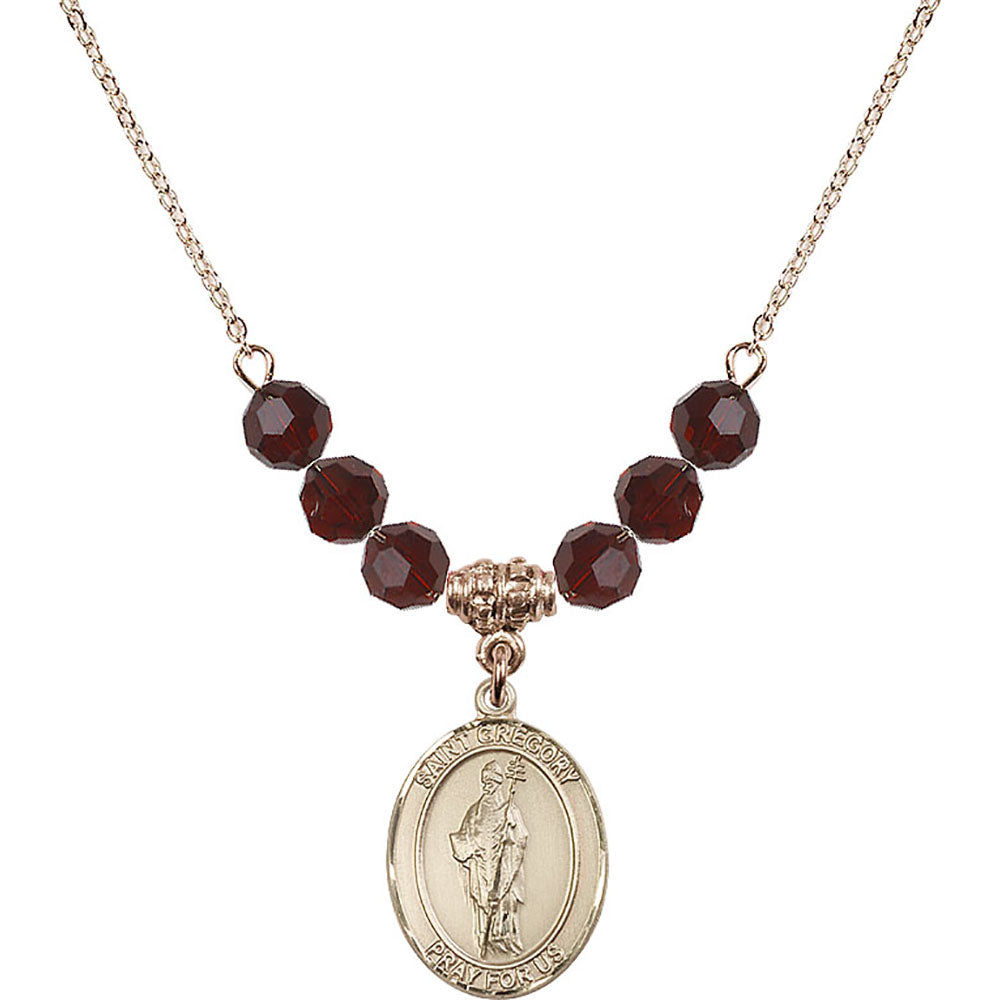 14kt Gold Filled Saint Gregory the Great Birthstone Necklace with Garnet Beads - 8048