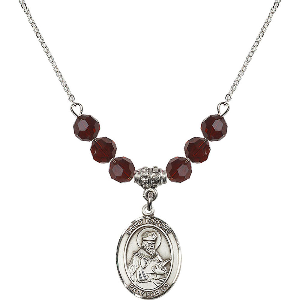 Sterling Silver Saint Isidore of Seville Birthstone Necklace with Garnet Beads - 8049