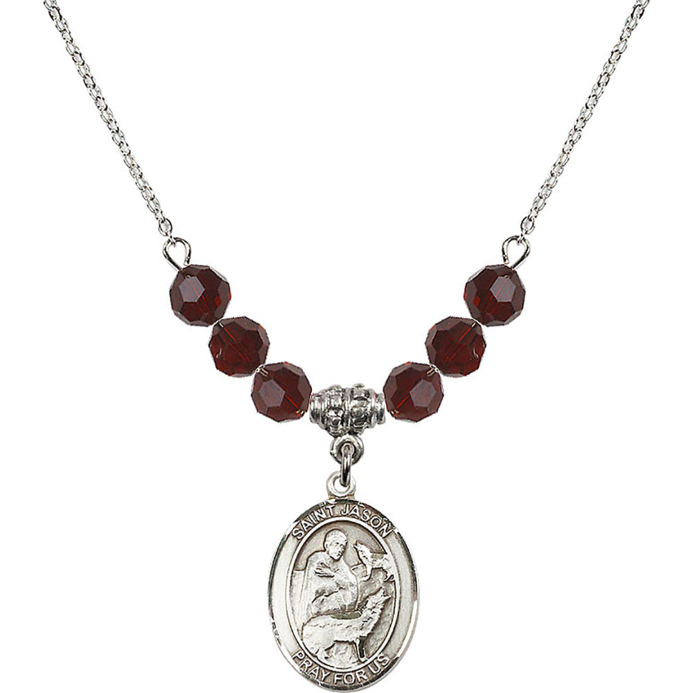 Sterling Silver Saint Jason Birthstone Necklace with Garnet Beads - 8051