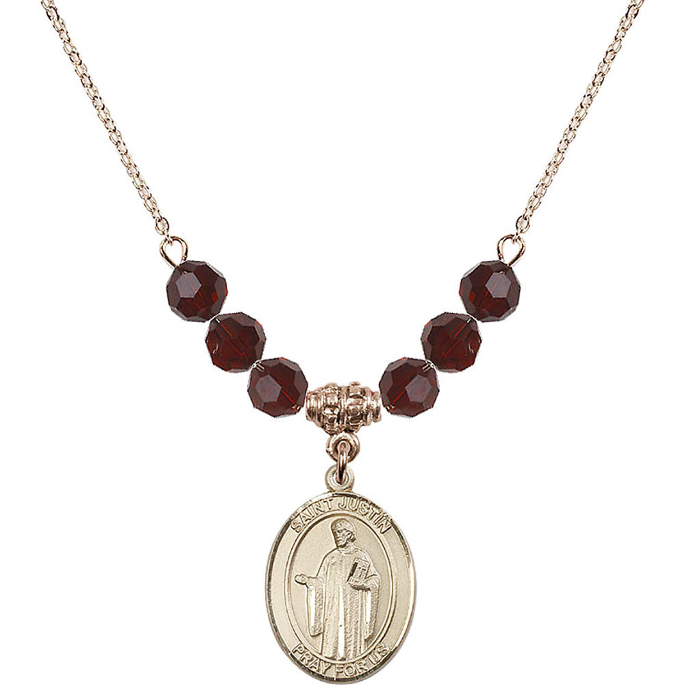 14kt Gold Filled Saint Justin Birthstone Necklace with Garnet Beads - 8052