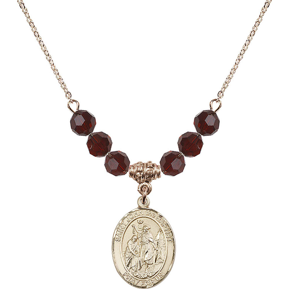 14kt Gold Filled Saint John the Baptist Birthstone Necklace with Garnet Beads - 8054