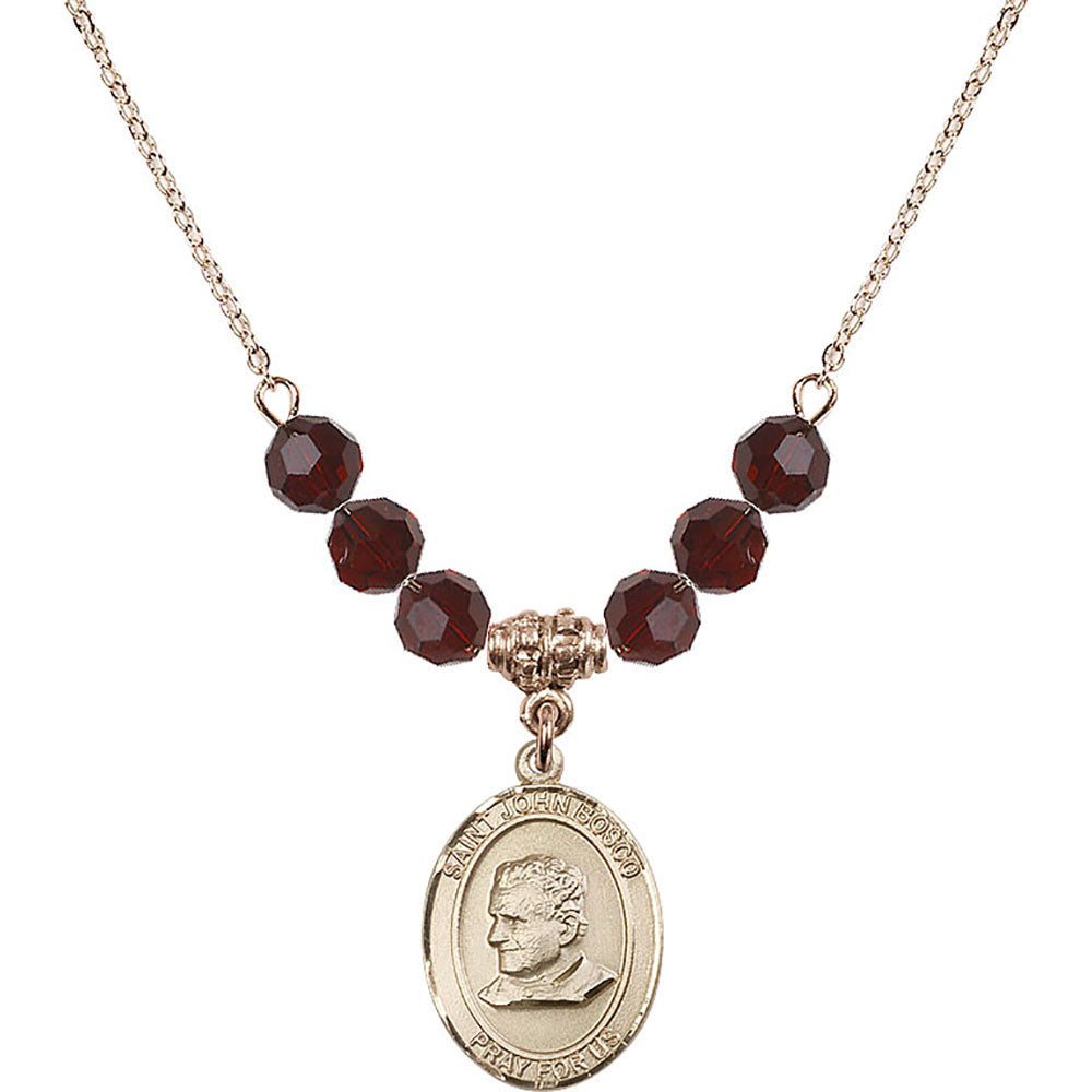 14kt Gold Filled Saint John Bosco Birthstone Necklace with Garnet Beads - 8055