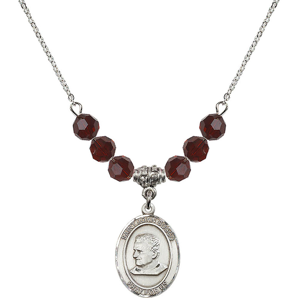 Sterling Silver Saint John Bosco Birthstone Necklace with Garnet Beads - 8055