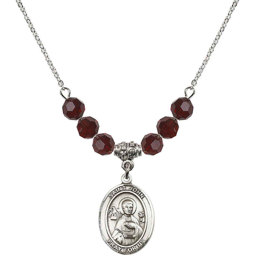 Sterling Silver Saint John the Apostle Birthstone Necklace with Garnet Beads - 8056