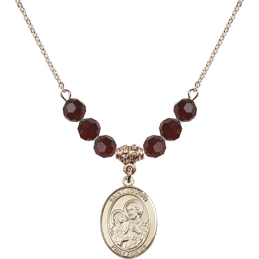 14kt Gold Filled Saint Joseph Birthstone Necklace with Garnet Beads - 8058