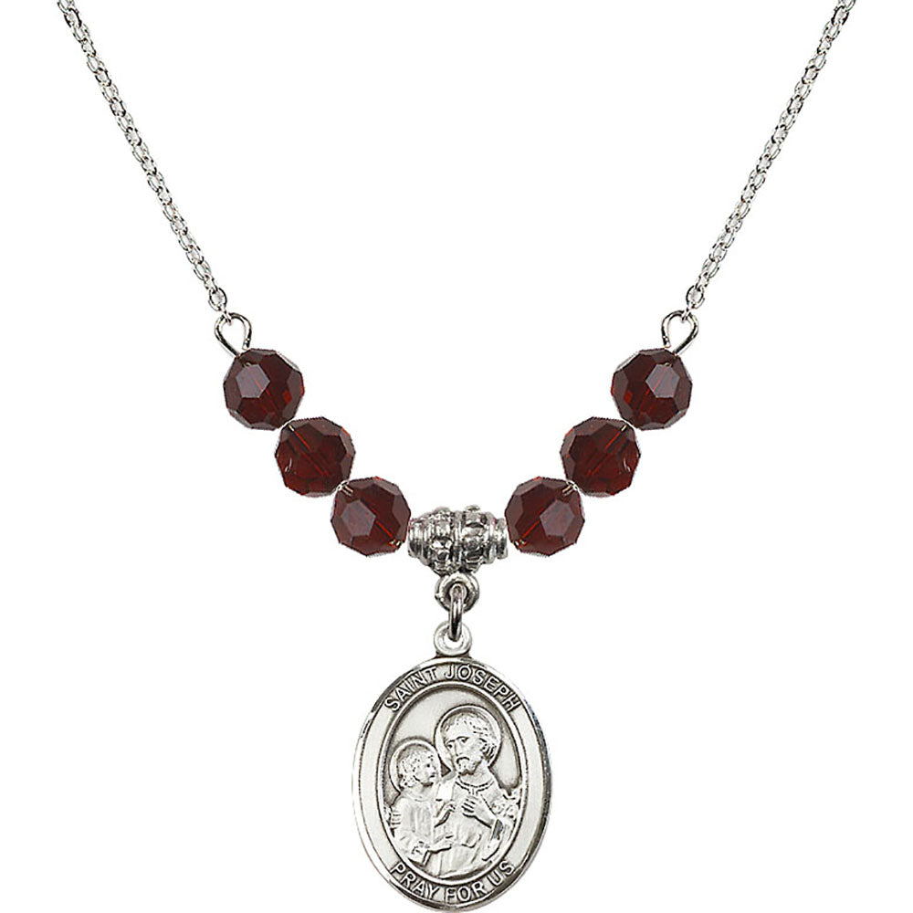 Sterling Silver Saint Joseph Birthstone Necklace with Garnet Beads - 8058