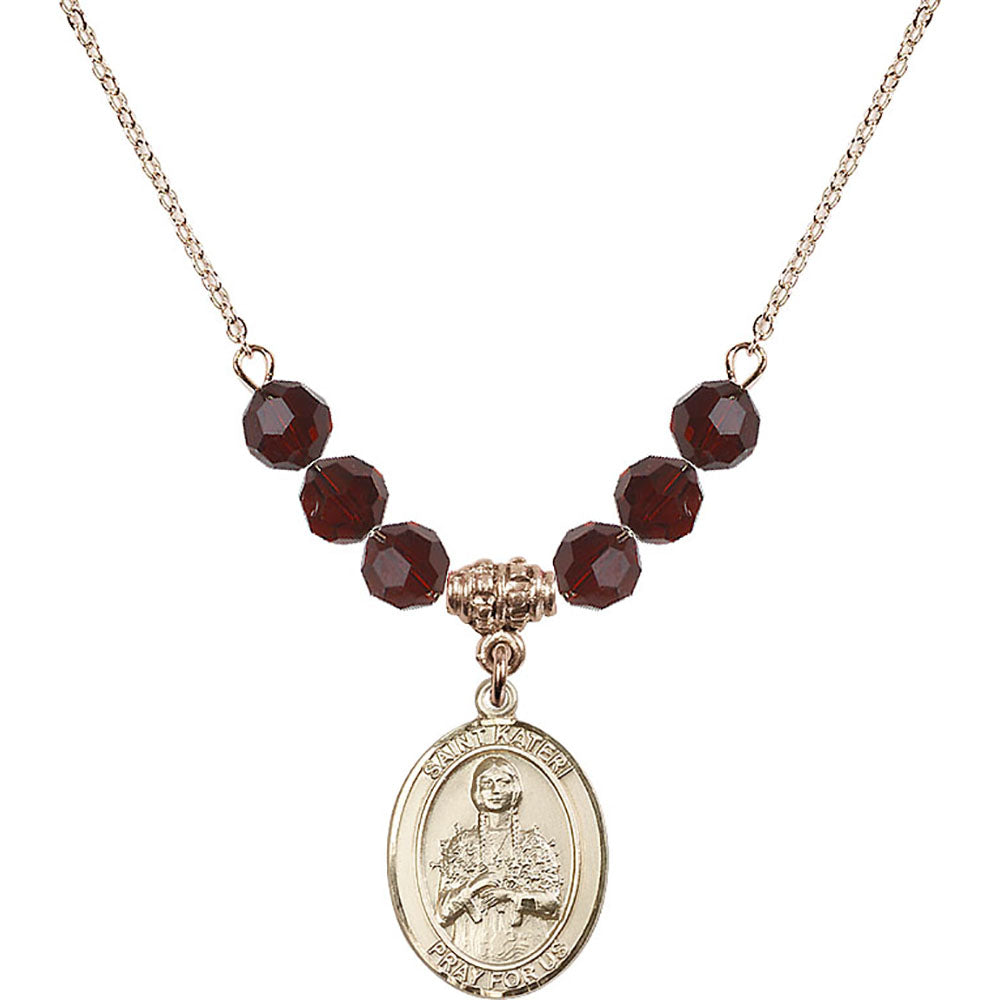 14kt Gold Filled Saint Kateri Tekakwitha Birthstone Necklace with Garnet Beads - 8061