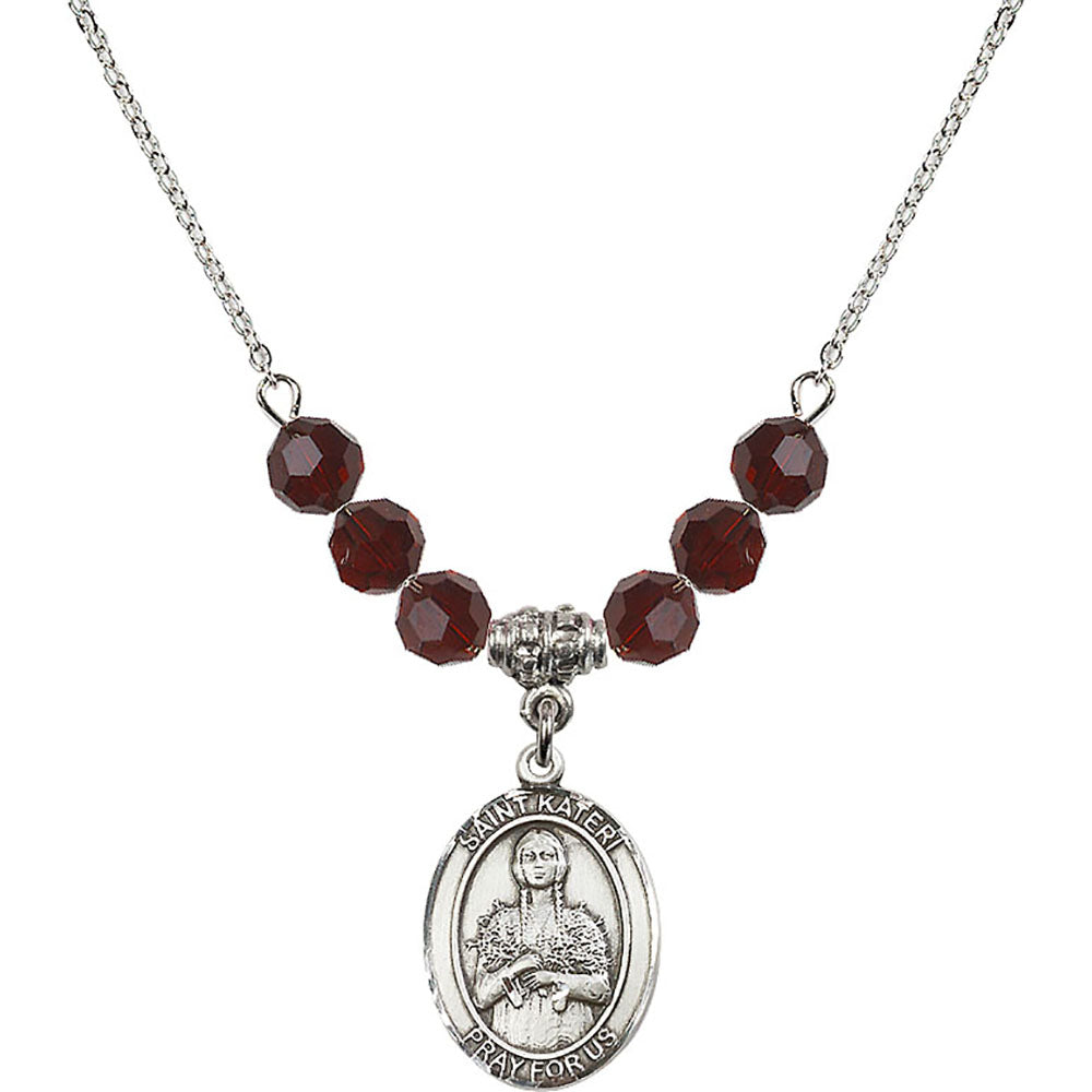 Sterling Silver Saint Kateri Tekakwitha Birthstone Necklace with Garnet Beads - 8061