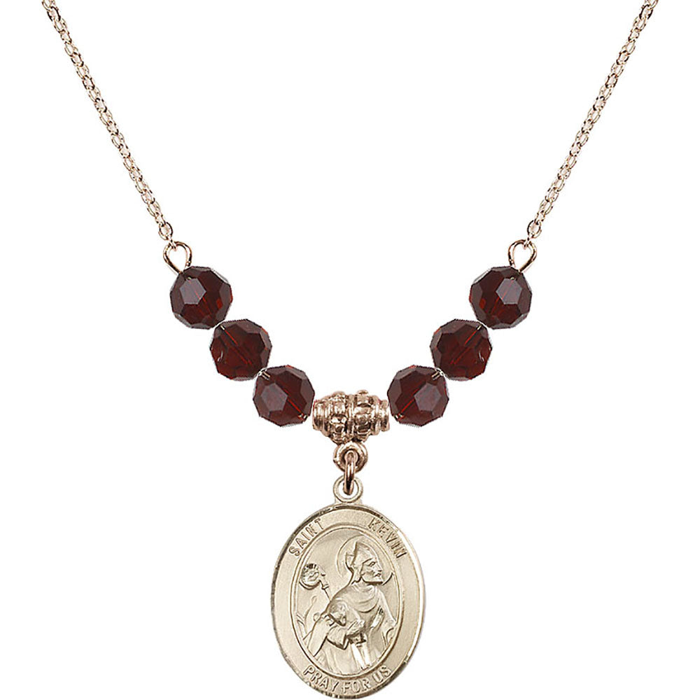 14kt Gold Filled Saint Kevin Birthstone Necklace with Garnet Beads - 8062