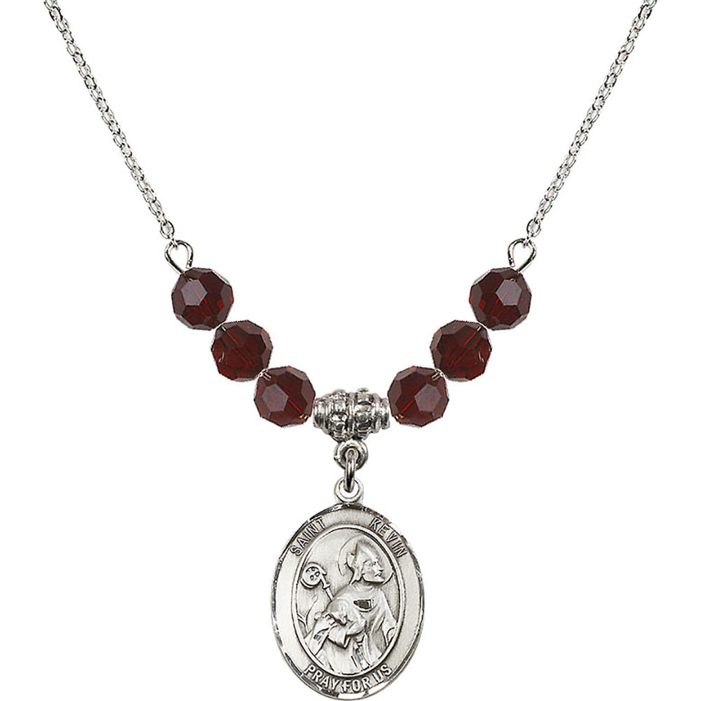 Sterling Silver Saint Kevin Birthstone Necklace with Garnet Beads - 8062