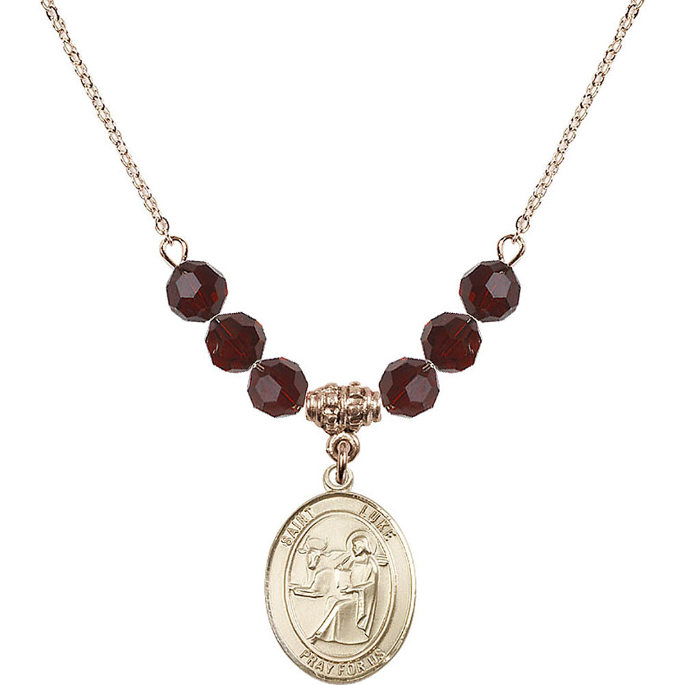 14kt Gold Filled Saint Luke the Apostle Birthstone Necklace with Garnet Beads - 8068